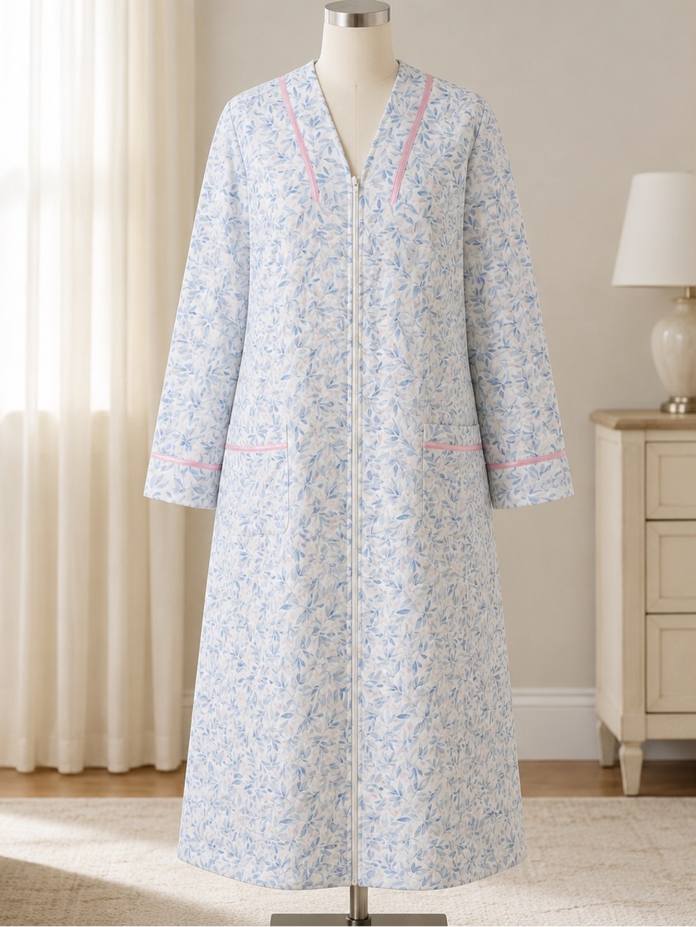 Miss Elaine Light Blue Floral Zip-Front Robe Size Small Like New